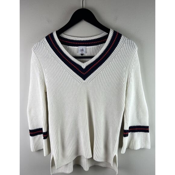 Cabi Sweater Ace Pullover Tennis White Old Money Preppy Split Hem EUC XS - Picture 1 of 7